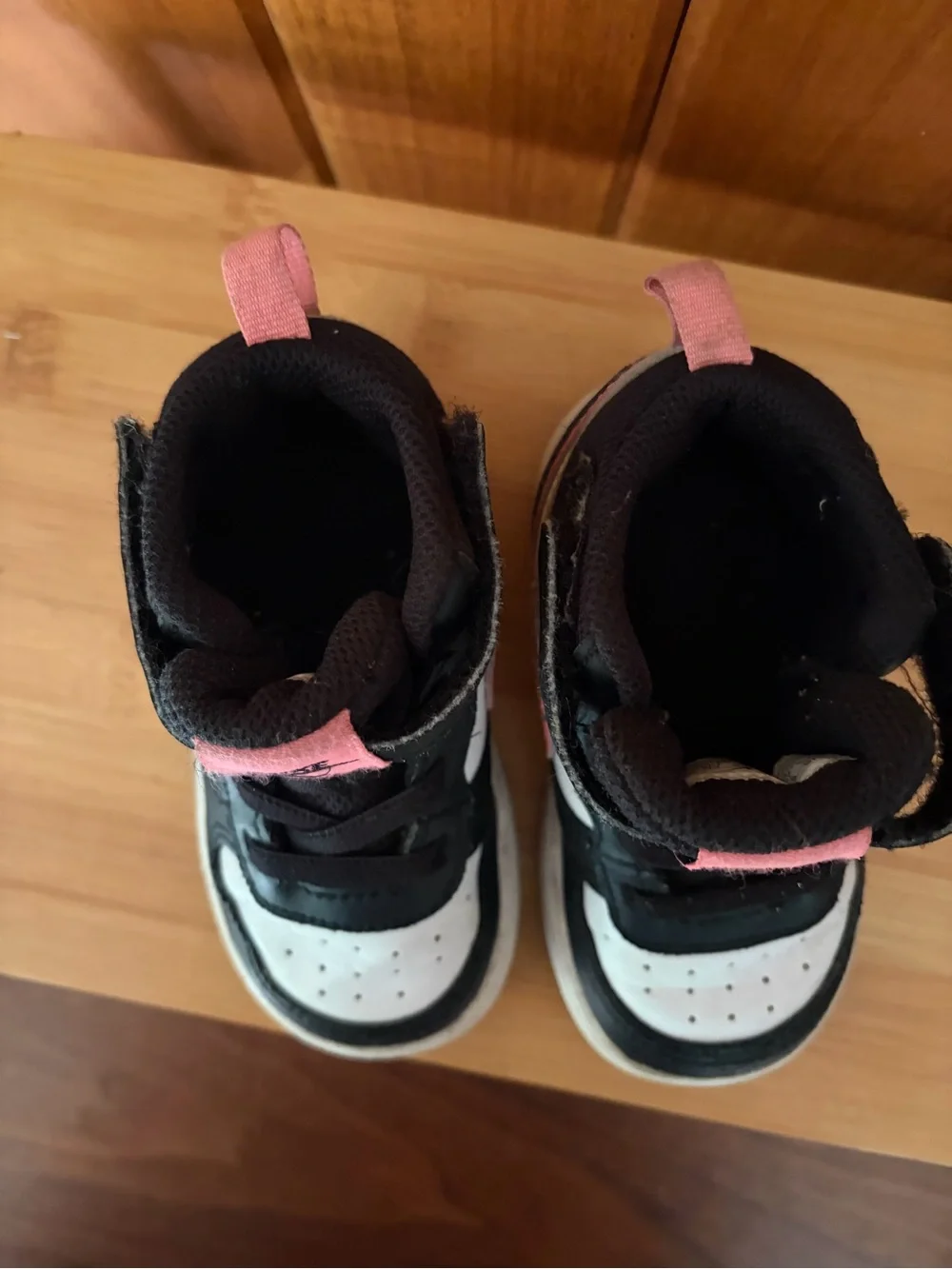 Nike Kids Sz 6C Black White Pink Mid-Top Sneakers. Velcro Straps. Baby Girl.